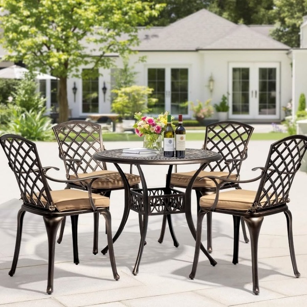 patio dining set, outdoor table set, patio furniture, outdoor bistro set, metal patio chairs, patio table, product demo, lifestyle, calm, neutral, brown